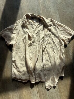 Denim & Flower Beige Button-Up Shirt with Patterned Trim